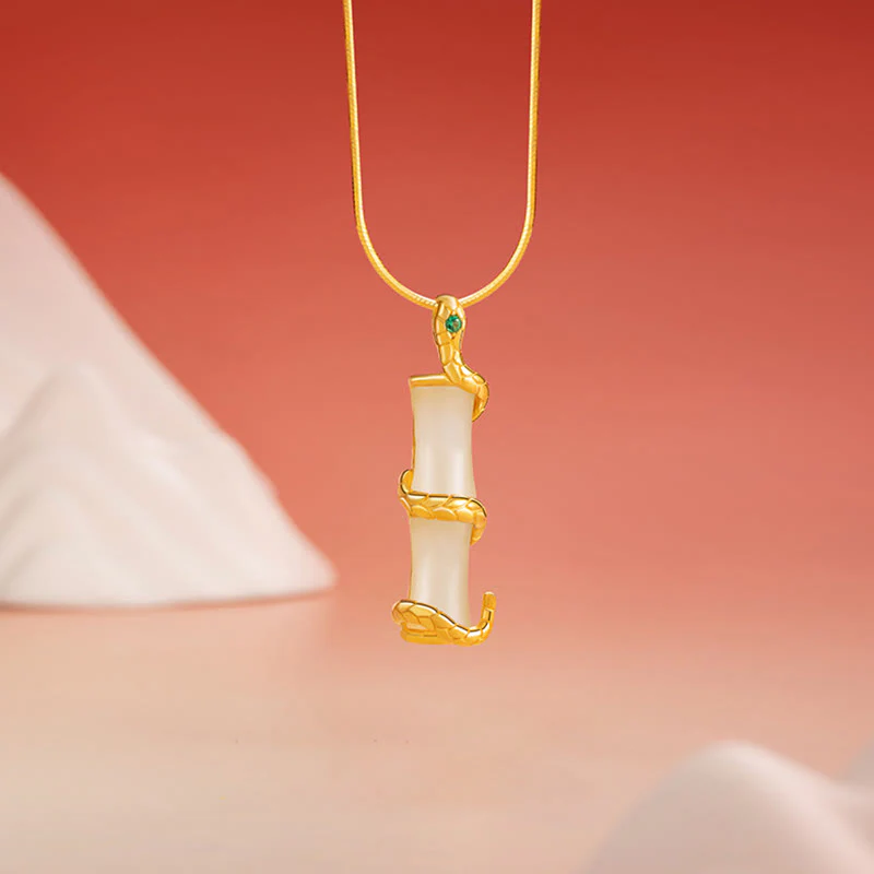 Mocoer Hetian Jade 925 Sterling Silver Year of the Snake Bamboo Growth Necklace Pendant - Mocoer
