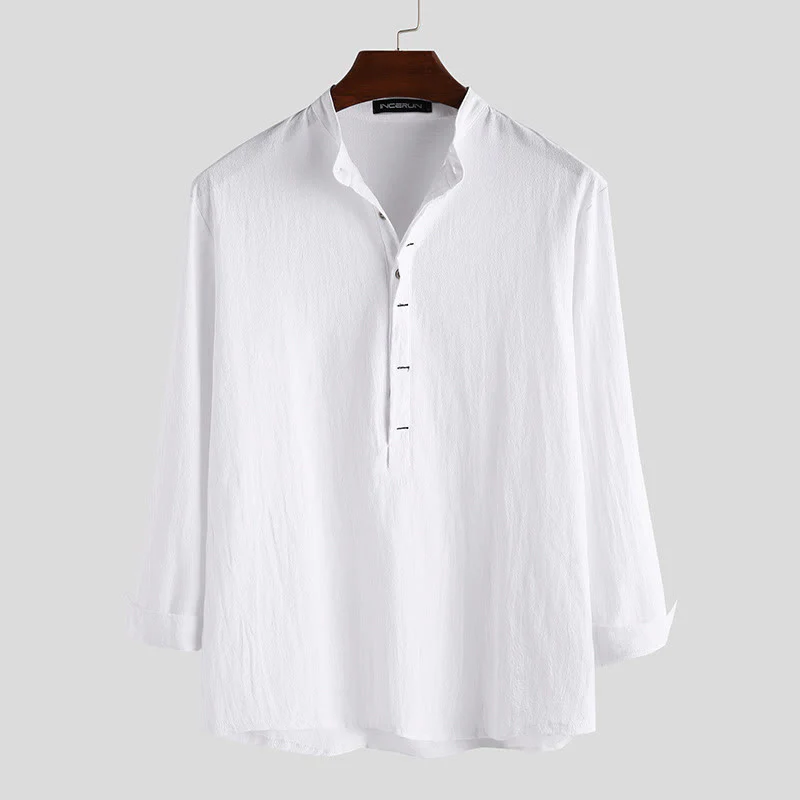 Mocoer Solid Color Half Buttons Long Sleeve Cotton Linen Men's Shirts - Mocoer