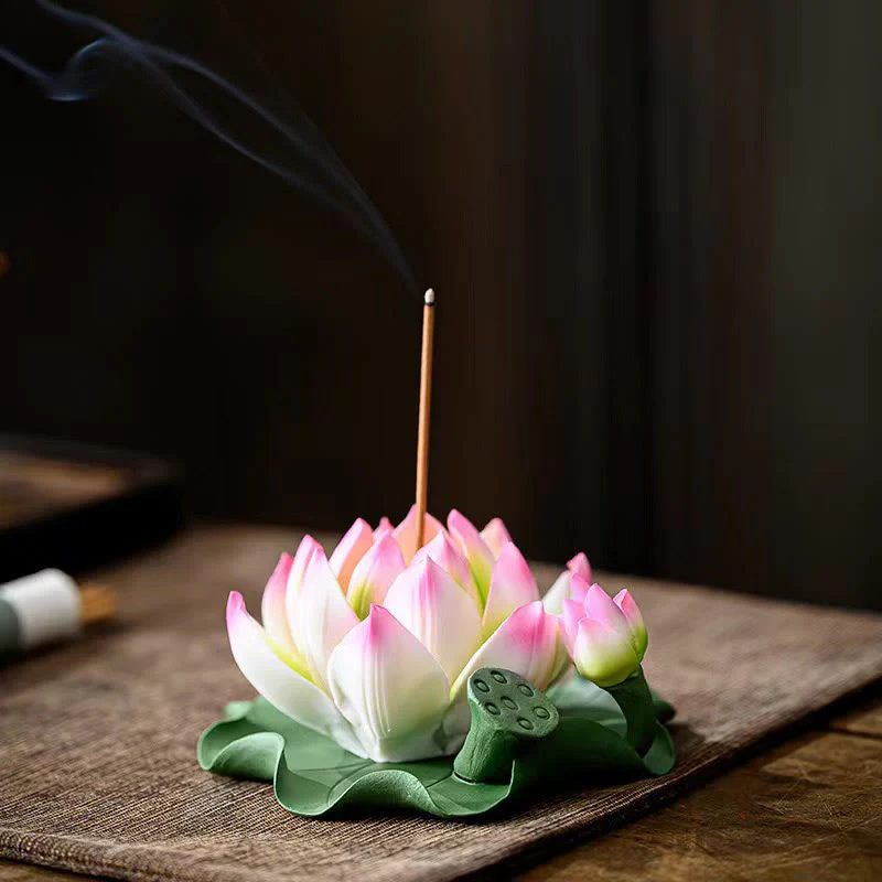 Mocoer Lotus Flower Leaf Pod Spiritual Healing Ceramic Stick Incense Burner Decoration - Mocoer