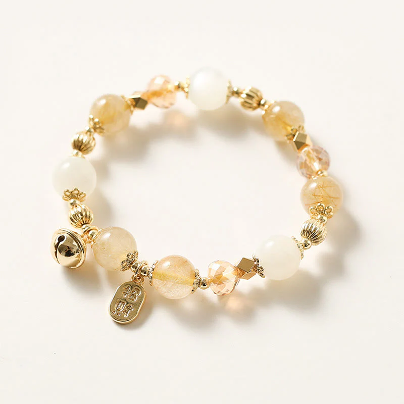 Mocoer 14K Gold Plated Golden Rutilated Quartz Wealth Bell Lucky Fortune Charm Bracelet - Mocoer