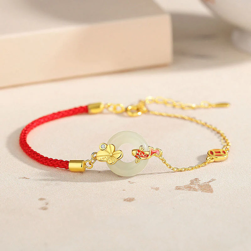 Mocoer Handmade 925 Sterling Silver Hetian Jade Chinese Goldfish Peace Buckle Red Rope Bracelet - Mocoer