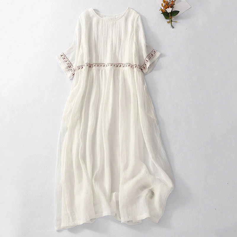Mocoer Solid Color Embroidery Short Sleeve Ramie Linen Midi Dress - Mocoer
