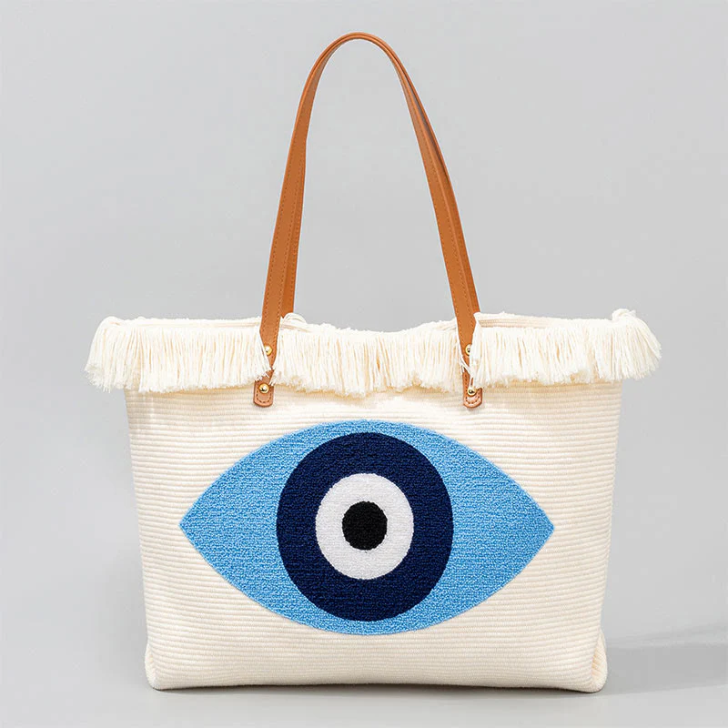 Mocoer Large Capacity Evil Eye Leaf Hamsa Tassel Canvas Tote Shoulder Bag - Mocoer