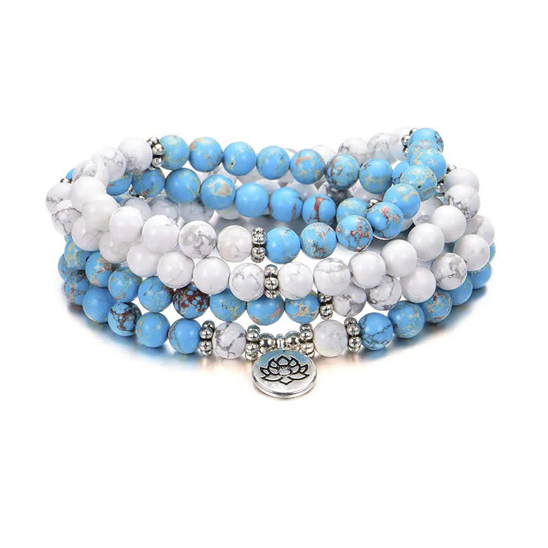 Mocoer 108 Mala Beads White Turquoise Emperor Stone Lotus Blessing Bracelet - Mocoer