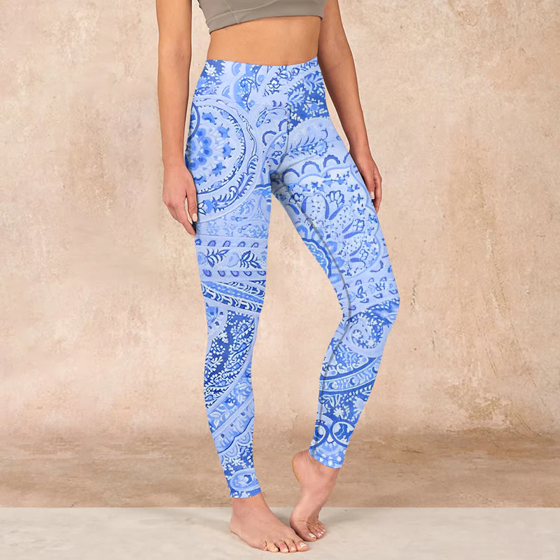 Mocoer Persian Style RoyalBlue White Flowers Pattern Print Exercise Leggings Women's Yoga Pants - Mocoer