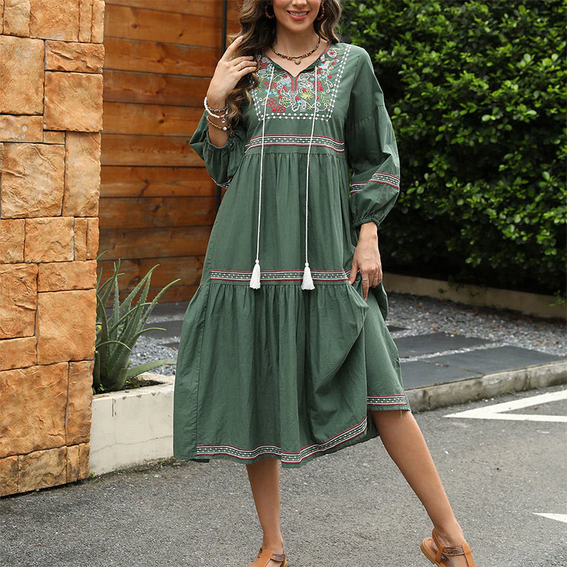 Mocoer DarkGreen Retro Ethnic Embroidery Long Lantern Sleeve Linen Cotton Midi Dress - Mocoer