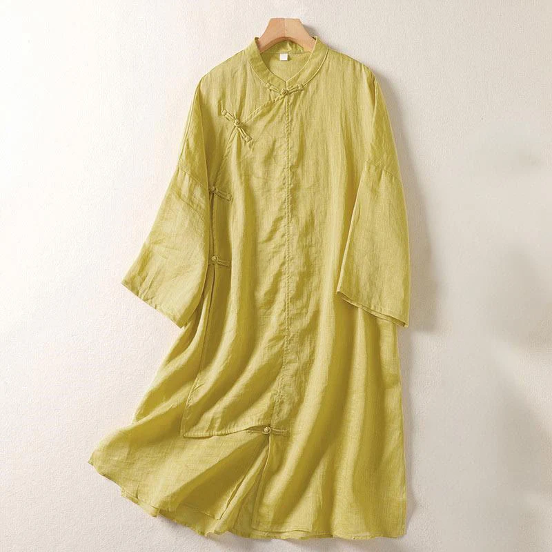 Mocoer Plain Frog-Button Long Sleeve Cotton Linen Women's Maxi Dress With Pockets - Mocoer