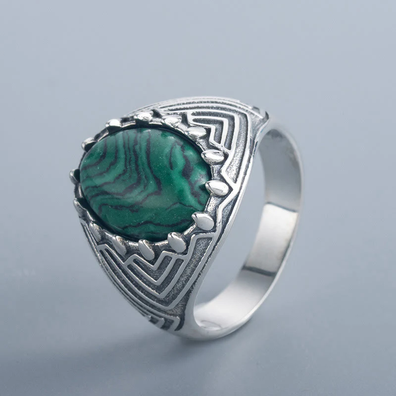Mocoer Oval Vintage 925 Sterling Silver Malachite Bead Calmness Ring - Mocoer