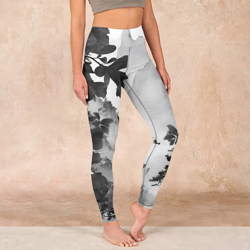 Mocoer Ink Painting Trees Mountains Scenery Print Gym Leggings Women's Yoga Pants - Mocoer