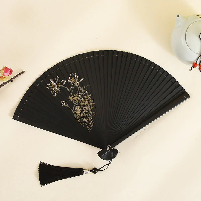 Mocoer Hibiscus Flower Plum Blossom Handheld Bamboo Folding Fan - Mocoer