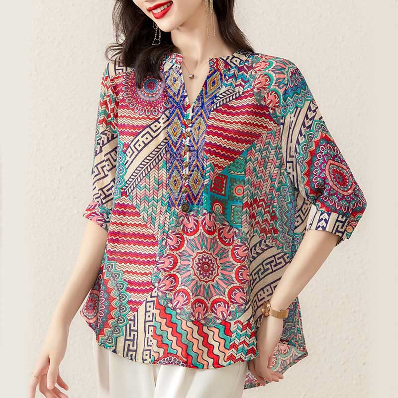 Mocoer Women's Mandala Geometry Half Button Shirt - Mocoer