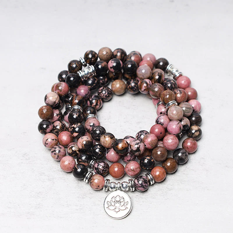 Mocoer 108 Mala Beads Rhodonite Lotus Compassion Energy Bracelet - Mocoer