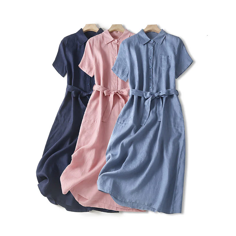 Mocoer Summer Lace-up Plain Short Sleeve Cotton Midi Dress With Pockets - Mocoer