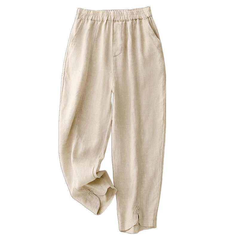Mocoer Summer Solid Color Side Button Design Cotton Linen Women's Harem Pants With Pockets - Mocoer