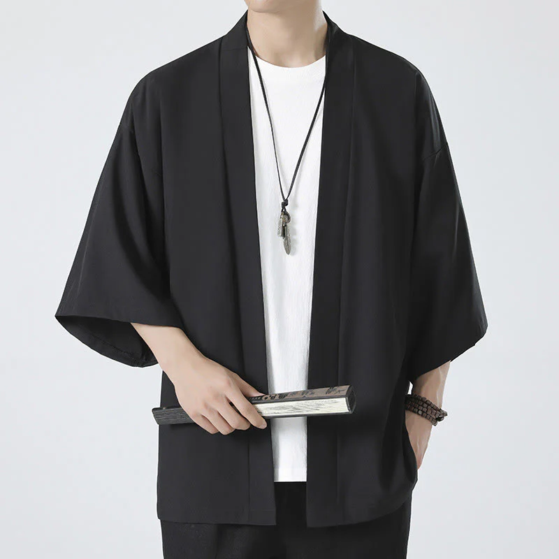 Mocoer Solid Color Open Front Jacket Men's Kimono - Mocoer