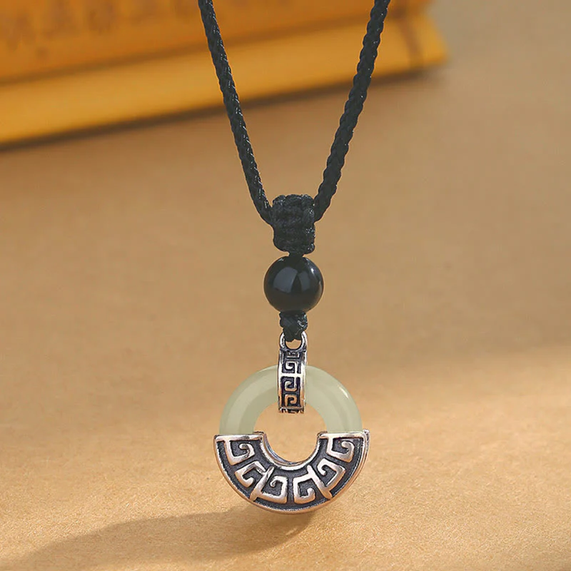 Mocoer 925 Sterling Silver Natural Hetian Jade Peace Buckle Prosperity Necklace Pendant - Mocoer