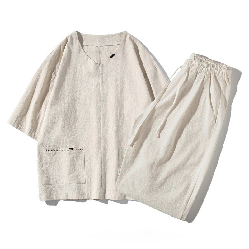 Mocoer Spring 2Pcs Solid Color V-Neck T-Shirt Drawstring 7-8 Length Pants Cotton Linen Men's Meditation Cloth Set With Pockets - Mocoer