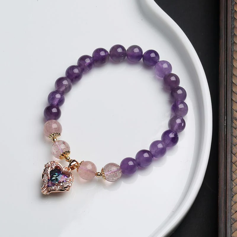Mocoer Natural Amethyst Strawberry Quartz Crystal Fortune Bracelet - Mocoer