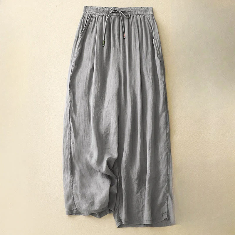 Mocoer Soft Pure Color Double Layer Drawstring Cotton Linen Women's Wide Leg Pants With Pockets - Mocoer
