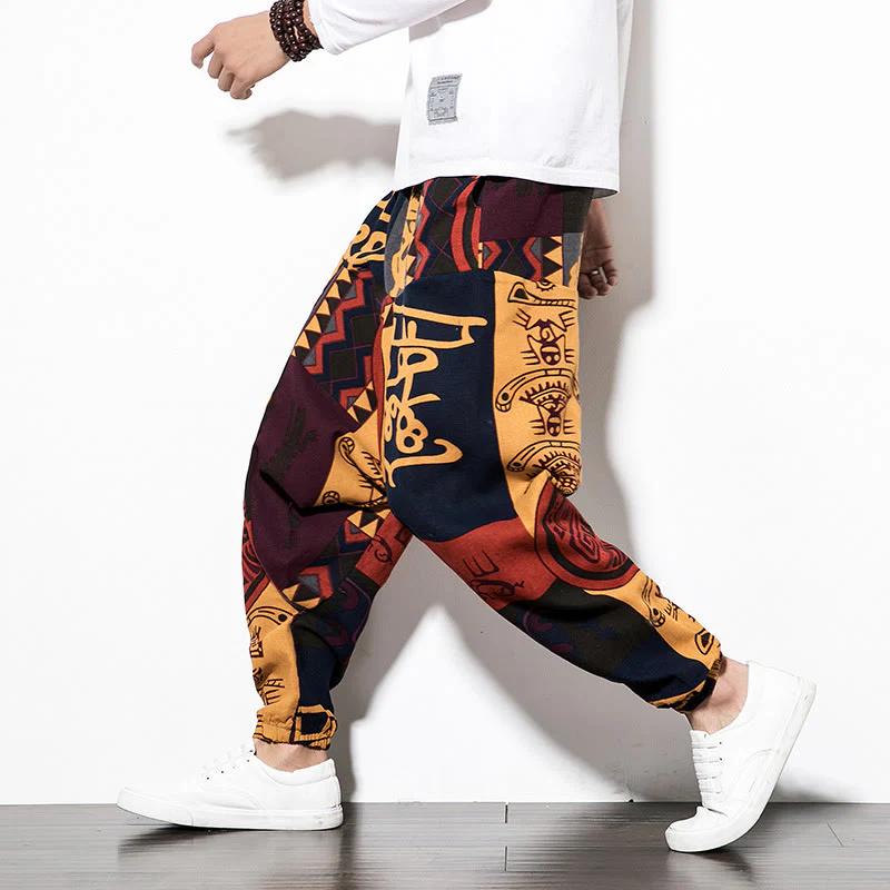 Mocoer Red Brown Graffiti Bird Print Cotton Men's Harem Pants With Pockets - Mocoer
