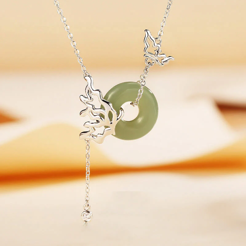 Mocoer 925 Sterling Silver Natural Hetian Jade Peace Buckle Butterfly Abundance Necklace Pendant - Mocoer
