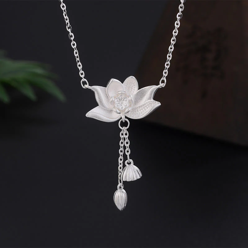 Mocoer 999 Sterling Silver Lotus Flower Pod Carved Enlightenment Necklace Pendant - Mocoer