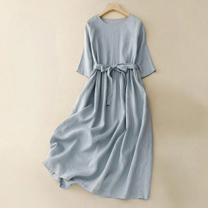 Mocoer Summer Pure Color Three Quarter Sleeve Lace-Up Cotton Linen Women's Maxi Dress With Pockets - Mocoer