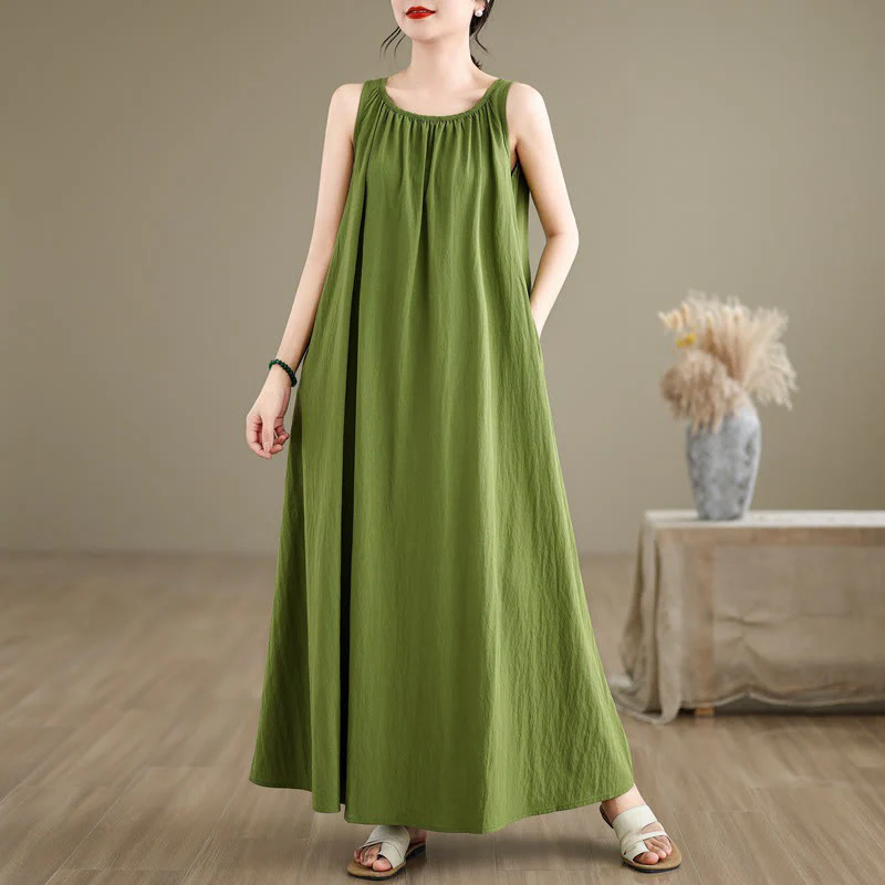 Mocoer Summer Casual Plain Pleated Design Sleeveless Crew Neck Cotton Maxi Dress With Pockets - Mocoer