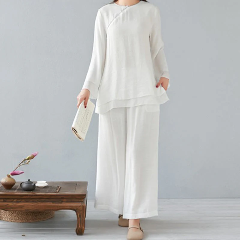 Mocoer 2Pcs Three Quarter Sleeve Long Sleeve Shirt Wide Leg Pants Meditation Cotton Linen Clothing Women's Set - Mocoer