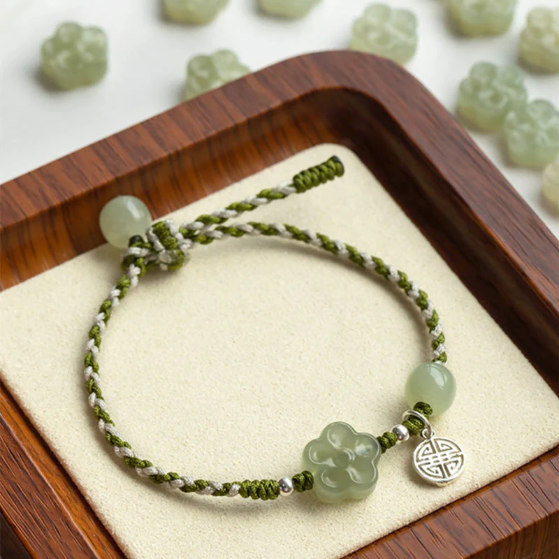 Mocoer Handmade Plum Blossom Flower Jade Luck Prosperity Braided Bracelet - Mocoer
