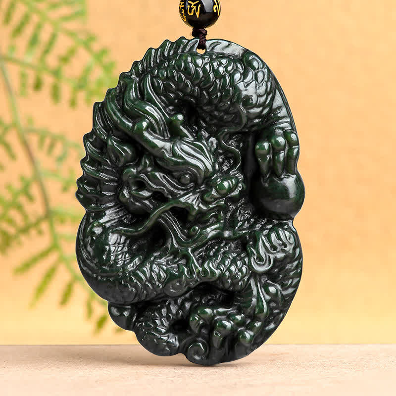 Mocoer Hetian Cyan Jade Dragon Success Harmony Necklace Beaded String Pendant - Mocoer
