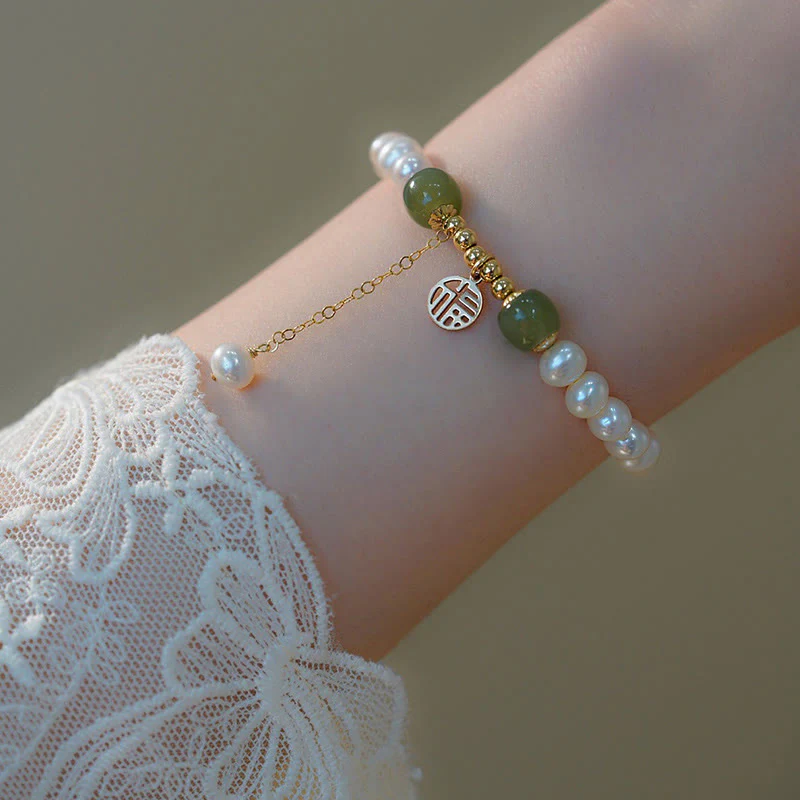Mocoer Natural Pearl Hetian Jade Happiness Wisdom Bead Bracelet - Mocoer