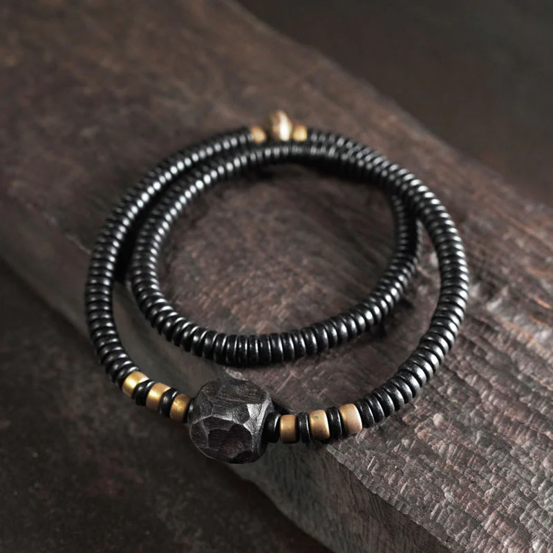 Mocoer Ebony Wood Copper Brass Peace Double Wrap Bracelet - Mocoer
