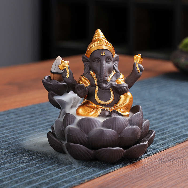 Mocoer Ganesh Elephant Purple Clay Backflow Smoke Fountain Protection Incense Burner - Mocoer