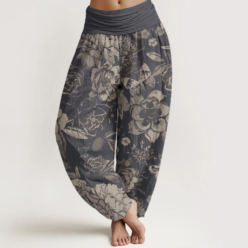 Mocoer Pure Cotton Casual Peony Flowers Leaves Women's Elastic Waist Harem Pants - Mocoer