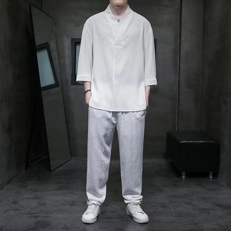 Mocoer Solid Color Three Quarter Sleeve Shirt Casual Pants Clothing Men's Set - Mocoer