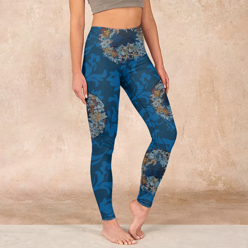 Mocoer Dark Blue Flowers In Bloom Print Sports Leggings Women's Yoga Pants - Mocoer