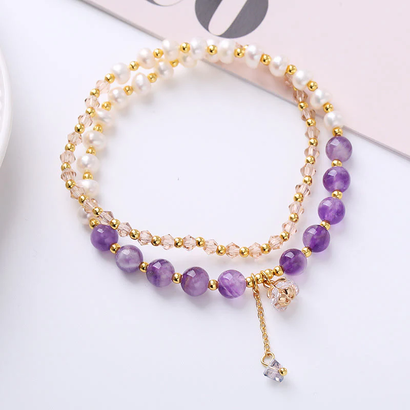 Mocoer Natural Amethyst Aquamarine Strawberry Quartz Pearl Peace Healing Double Wrap Bracelet - Mocoer