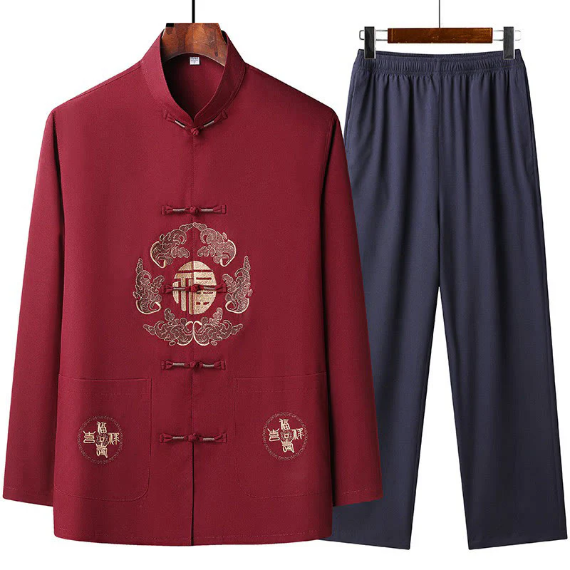 Mocoer Chinese New Year Embroidered Fu Tang Suit Hanfu Long Sleeve Top Pants Clothing Men's Set - Mocoer