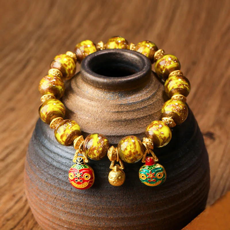 Mocoer Gold Swallowing Beast Family Charm Liuli Glass Bead Fortune Bracelet - Mocoer