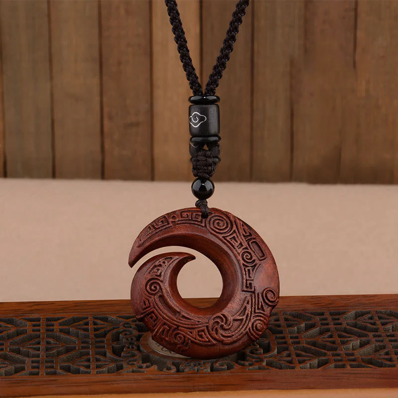Mocoer Small Leaf Red Sandalwood Ebony Wood One's Luck Improves Design Patern Protection Necklace Pendant - Mocoer