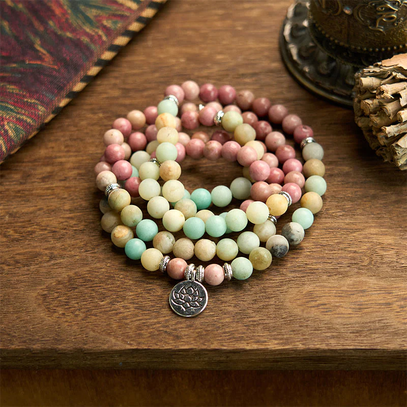 Mocoer 108 Mala Rhodonite Amazonite Beads Lotus Compassion Bracelet - Mocoer