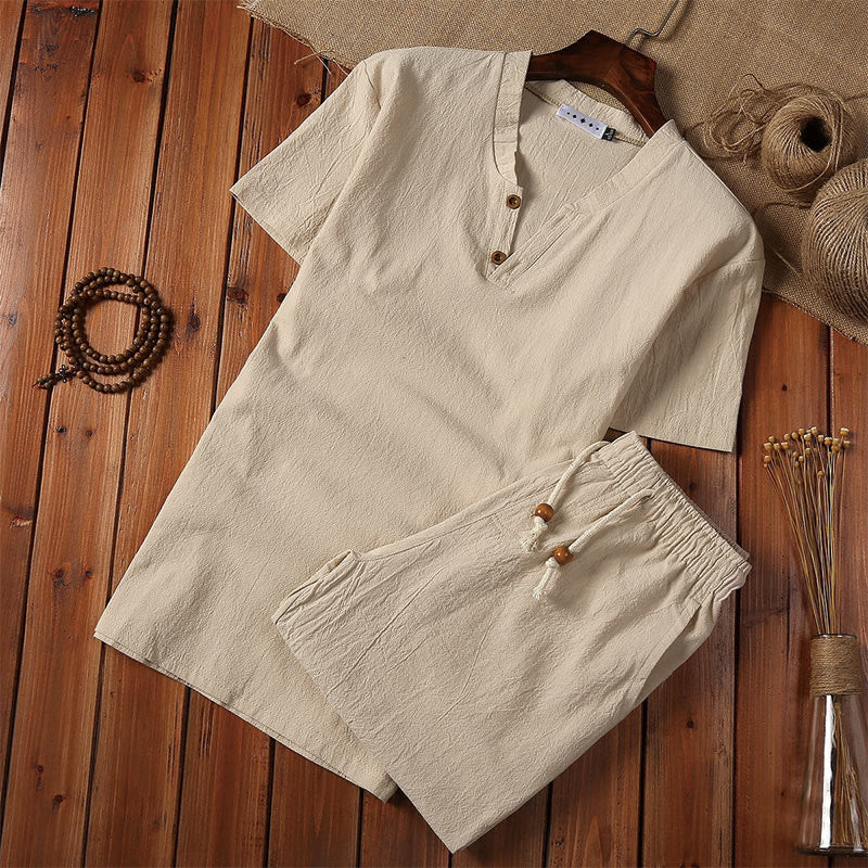 Mocoer Summer Casual 2Pcs Plain Notched Collar T-Shirt Drawstring Shorts With Pockets Cotton Linen Men's Meditation Cloth Set - Mocoer