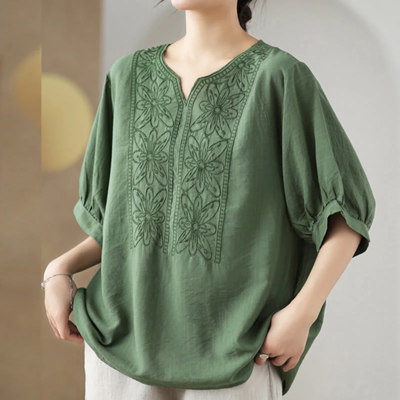 Mocoer Flower Embroidery Design Half Sleeve Cotton Linen T-shirt Tee - Mocoer
