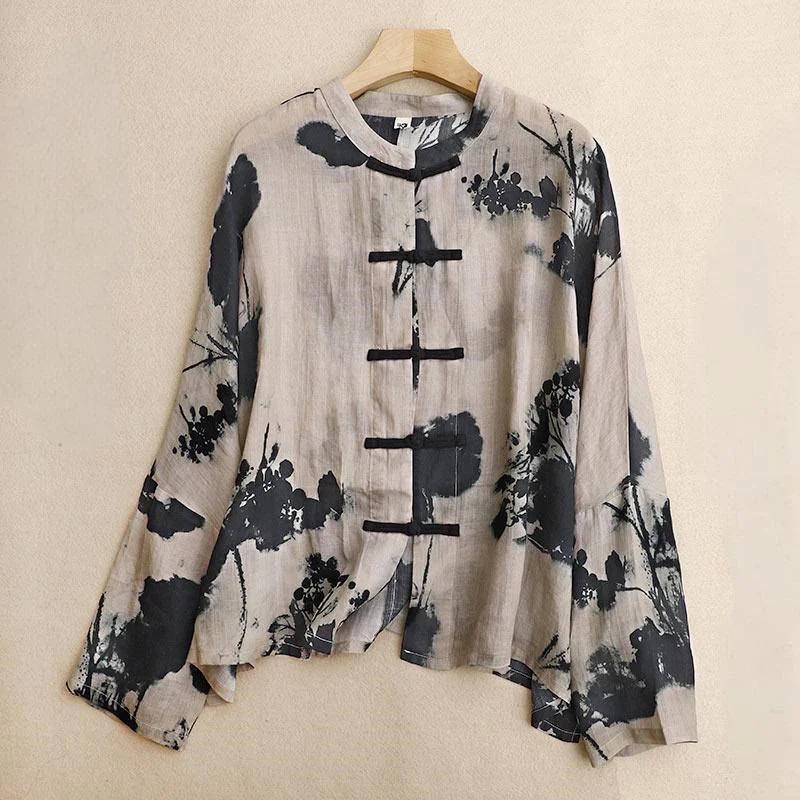 Mocoer Casual Loose Ink Print Frog Button Long Sleeves Cotton Linen Women's Shirt - Mocoer