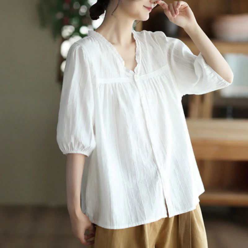Mocoer Women's Pure White Lace V-neck Design Half Sleeve Cotton Shirt - Mocoer