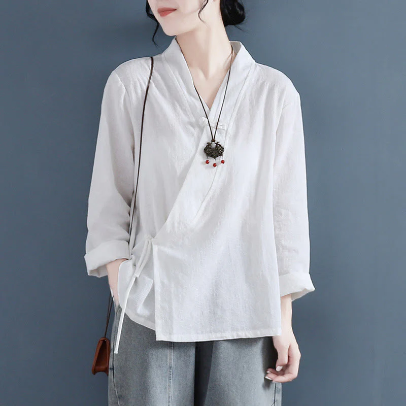 Mocoer Casual Solid Color Frog Button Long Sleeve Zen Cotton Linen Women's Shirt - Mocoer