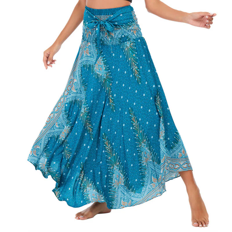 Mocoer Two Style Wear Boho Summer Peacock Feather Lace-up Skirt Dress - Mocoer