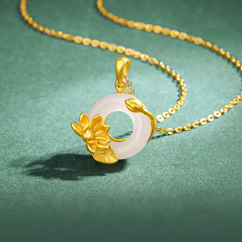Mocoer Natural White Chalcedony Peace Buckle Lotus Pendant S925 Sterling Silver Necklace - Mocoer