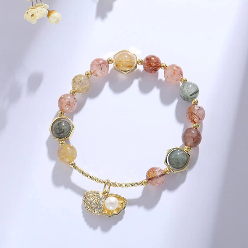 Mocoer Natural Colorful Rutilated Quartz Shell Protection Bead Bracelet - Mocoer